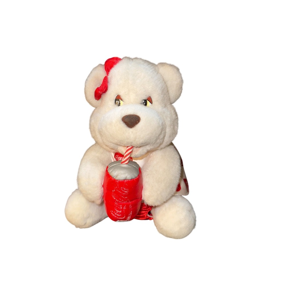 Vintage Coca-Cola Polar Bear Plush Play-By-Play White Soda Can Red Bow Cape Toy